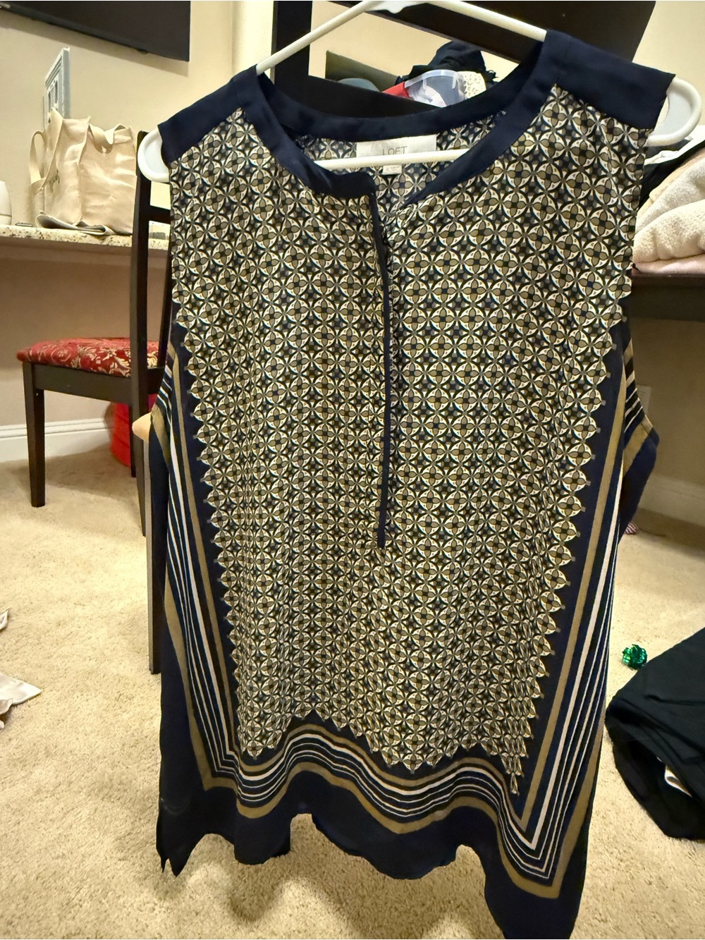 LOFT Navy and Gold Geometric Sleeveless Top
